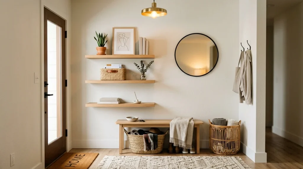 Modern small entryway with floating shelves and woven storage baskets