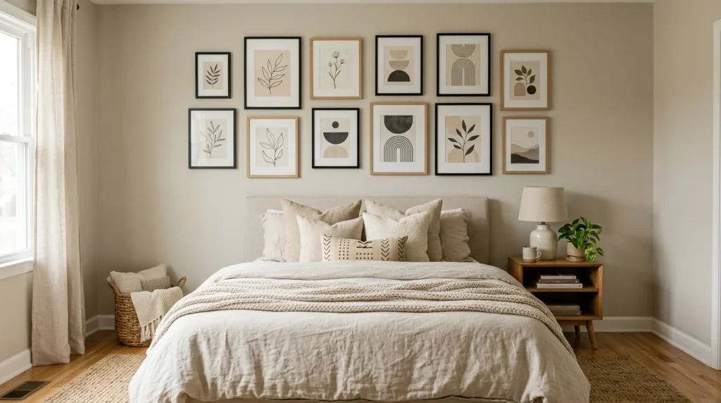 Handmade wall art with minimalist abstract paintings and cozy room styling