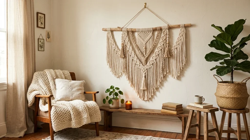 Macrame wall hanging decor with neutral cozy aesthetic styling
