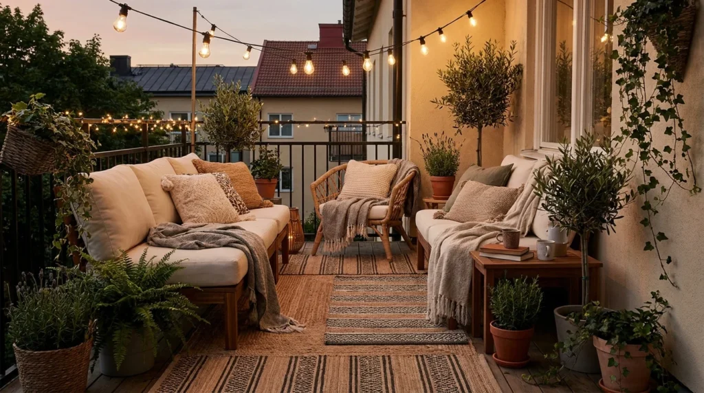 Cozy balcony decor with string lights, plants, and layered rugs