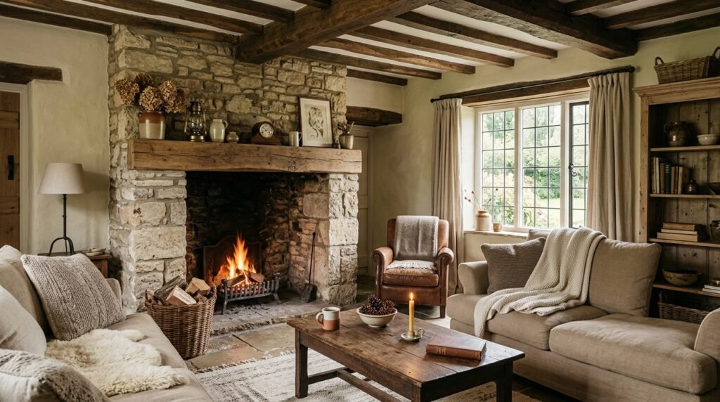 Earthy cottage interior with natural stone textures and rustic decor