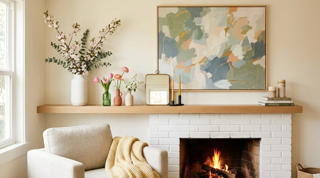 oversized artwork spring mantel decor modern stylish cozy fireplace design
