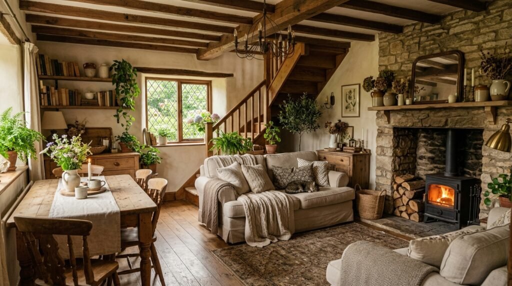 Cozy earthy cottage home with wooden textures, greenery, and layered neutral decor