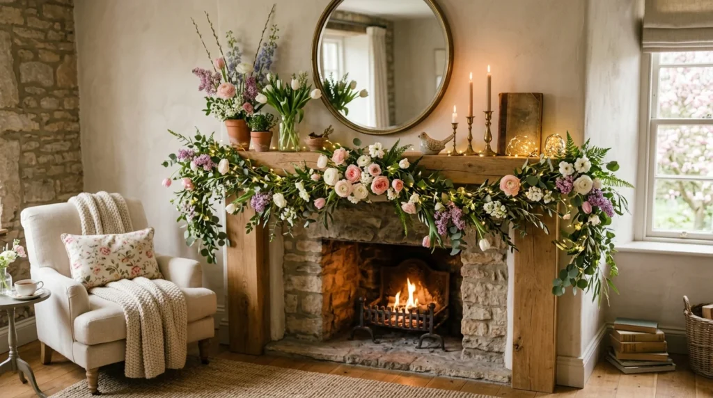 cozy spring mantel decor fairy lights flowers warm aesthetic living room