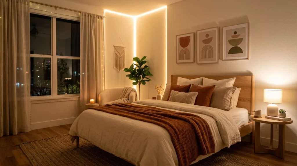 Cozy bedroom with warm LED corner lighting and minimalist decor