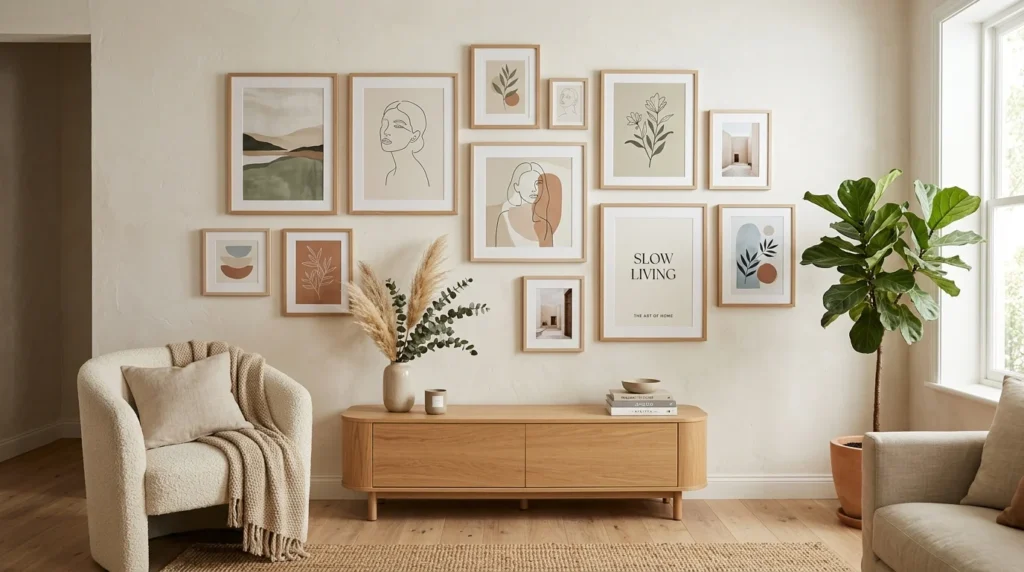 Modern gallery wall with neutral frames and aesthetic artwork