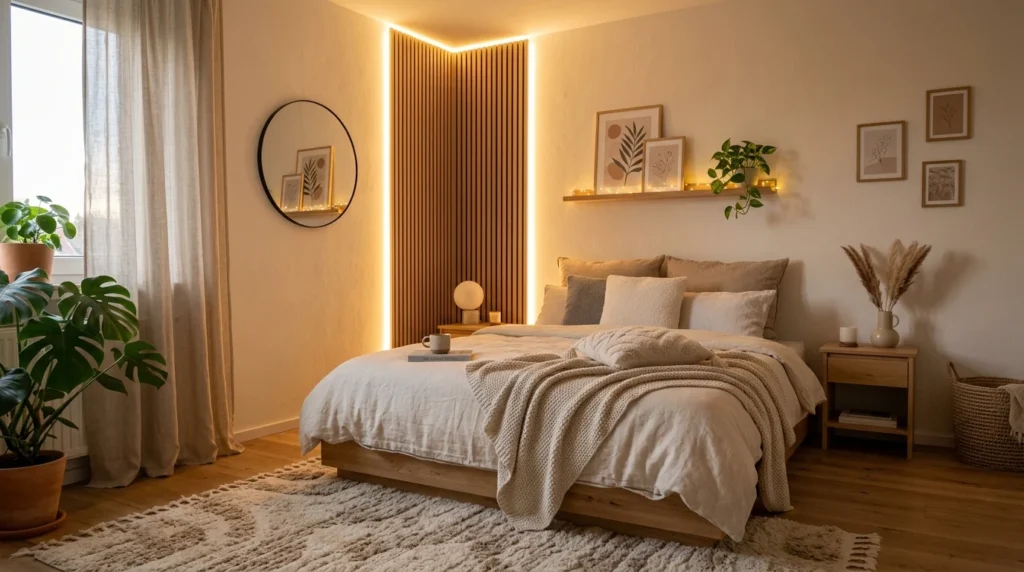 Floating shelves styled with candles, books, and aesthetic home decor