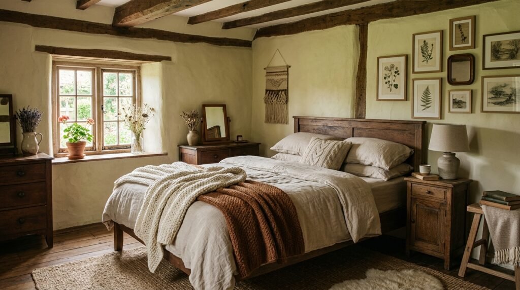 Cozy earthy cottage bedroom with linen bedding and warm neutral decor