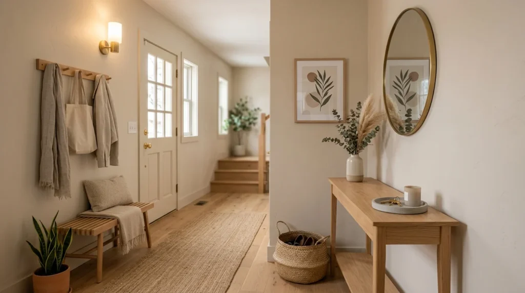 Neutral small entryway with beige walls and bright modern decor