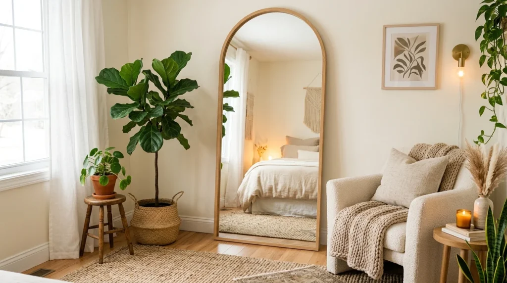 Aesthetic mirror corner with floor mirror, plants, and cozy lighting