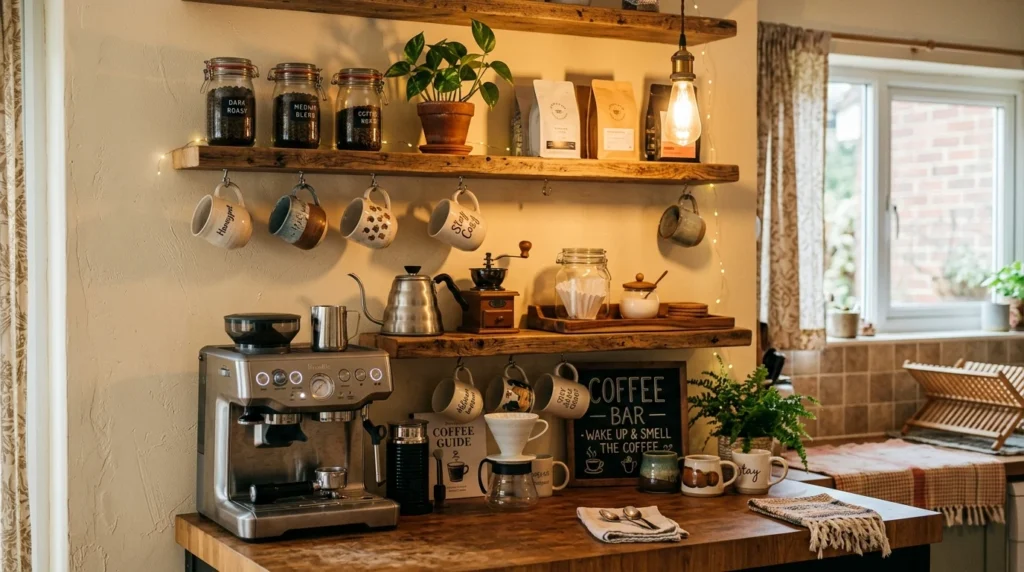 DIY home coffee bar with wooden shelves and cozy kitchen decor