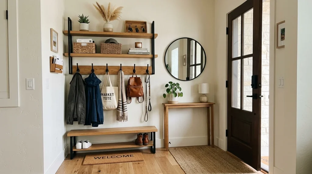 Compact entryway with vertical wall storage and organized decor