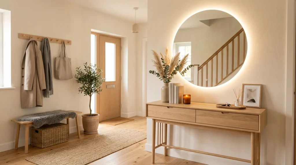 Scandinavian entryway with circular LED mirror and light wood furniture