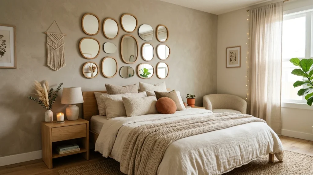 Modern DIY mirror wall decor in a cozy aesthetic bedroom