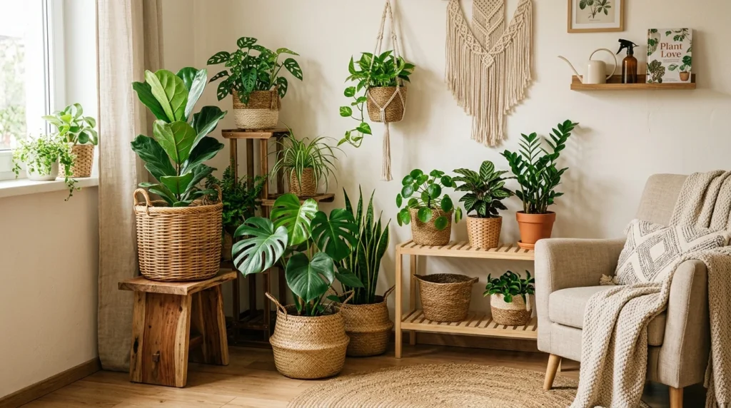 Indoor plant decor corner with woven baskets and cozy natural styling