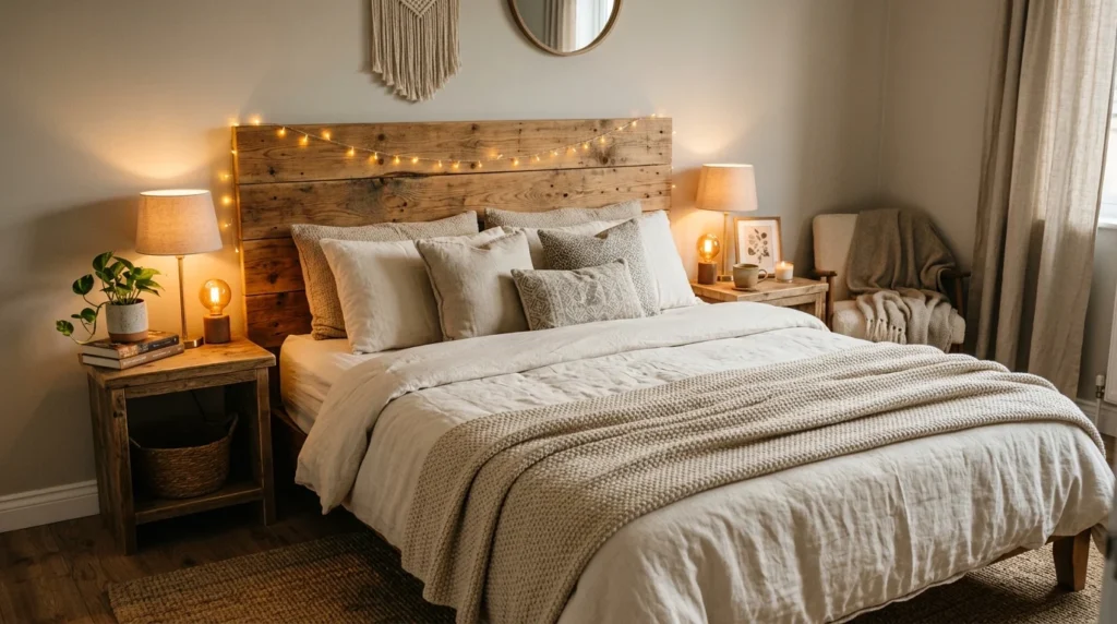 DIY wooden headboard with neutral bedding and warm bedroom lighting