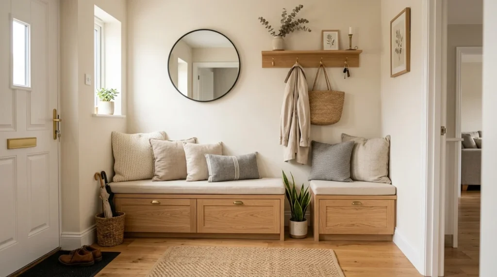 Small entryway with storage bench and cozy neutral decor