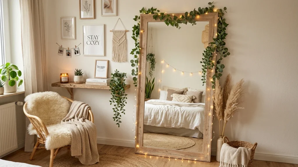 Aesthetic mirror setup with fairy lights and trendy wall decor