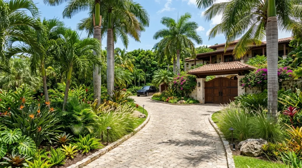 Tropical driveway landscaping with palm plants and lush greenery