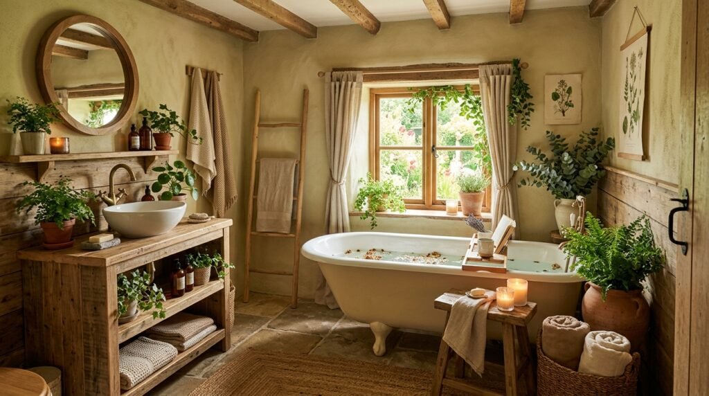 Earthy cottage bathroom with wooden accents, greenery, and warm neutral styling