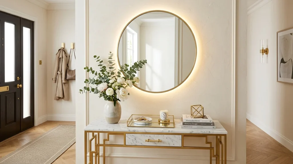 Luxury marble console with circular LED mirror and elegant lighting