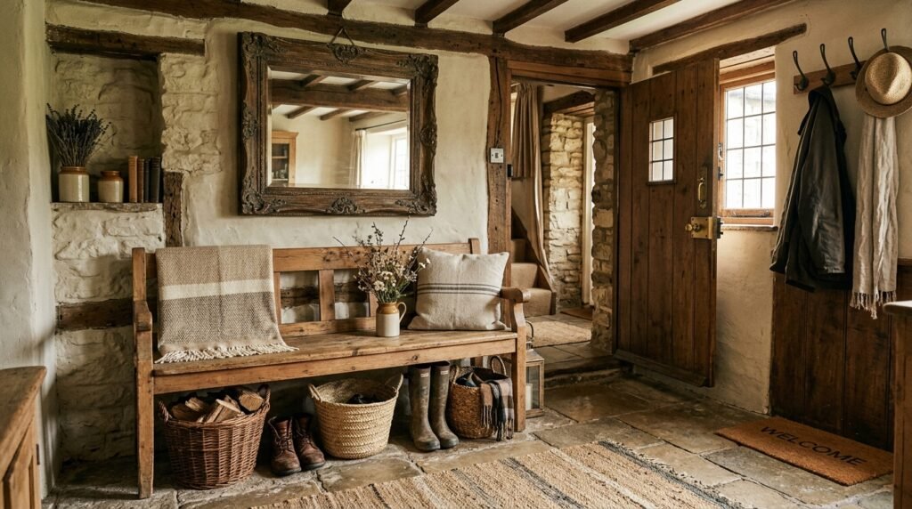 Vintage cottage entryway with wooden bench and cozy neutral decor