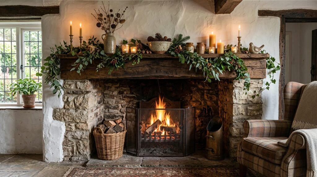 Earthy cottage interior with woven baskets, rattan decor, and textured styling