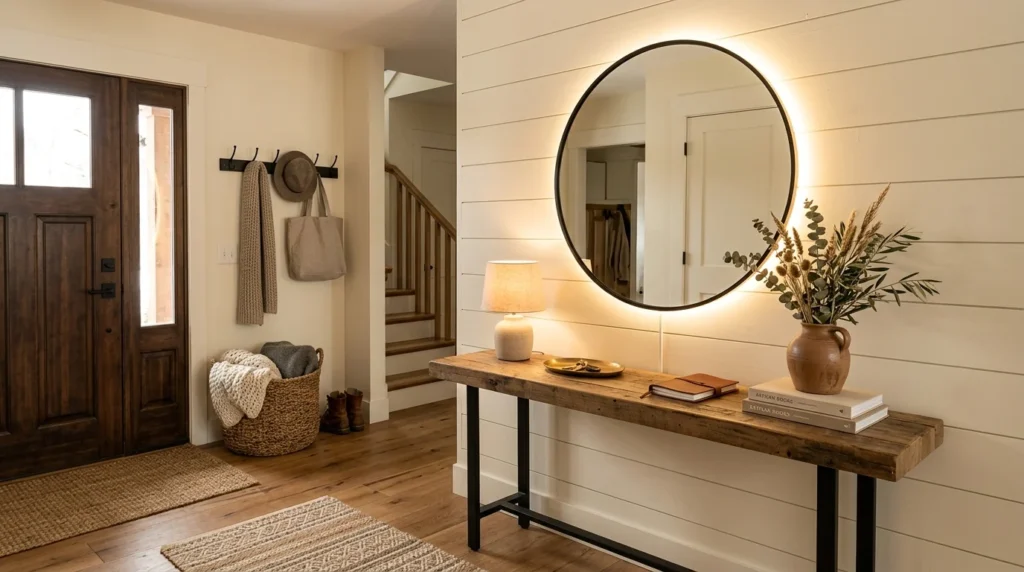 Rustic modern entryway with circular LED mirror and wooden console table