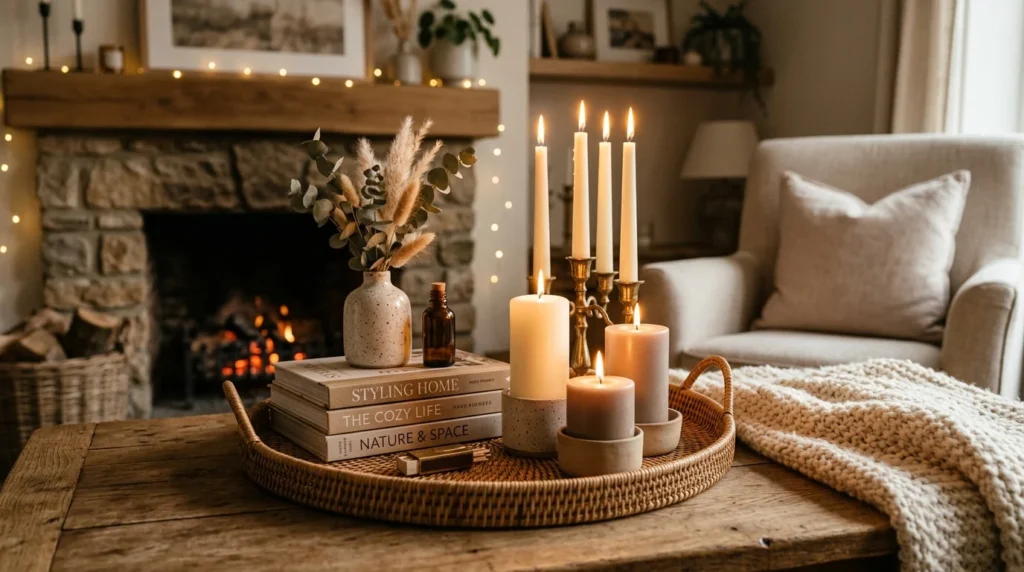 DIY candle decor styling with cozy trays and warm neutral aesthetics
