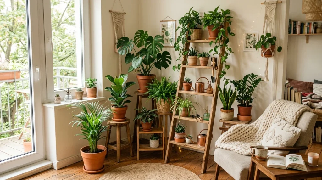 Indoor plant corner with wooden stands and cozy aesthetic decor