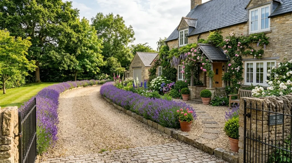 Driveway borders decorated with lavender plants and stone edging