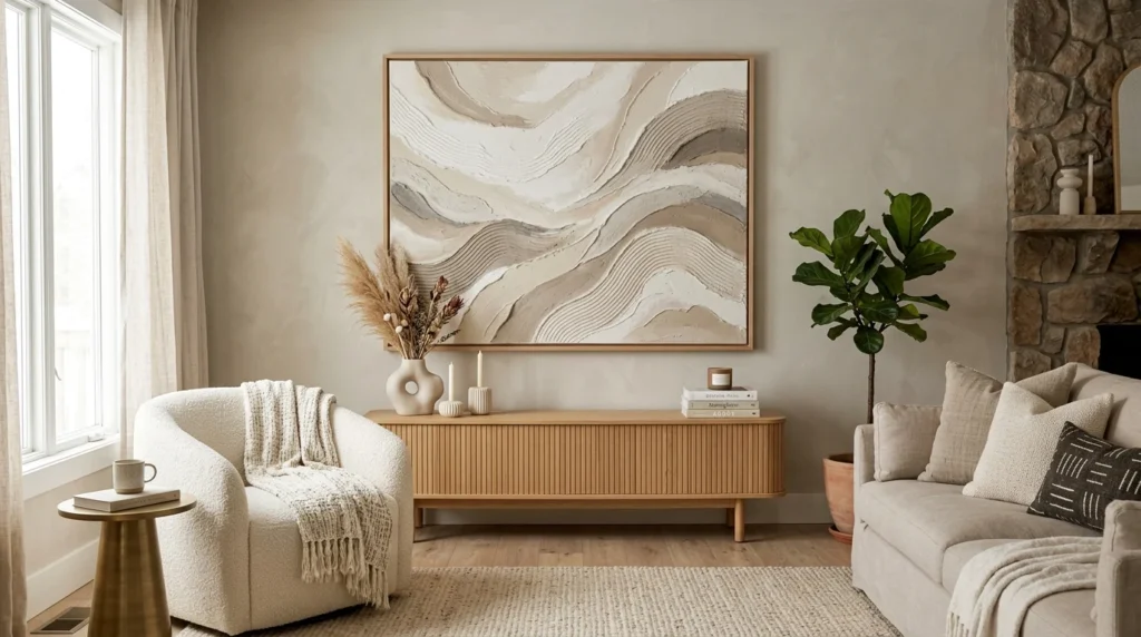 Neutral textured wall art in a modern aesthetic living room