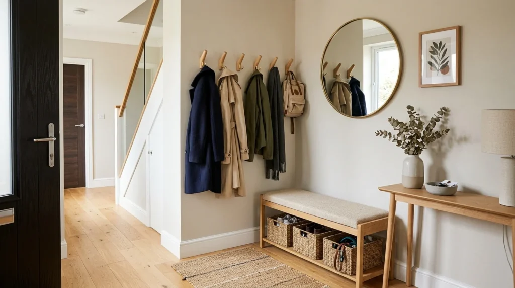 Small entryway with wall hooks and organized coats in modern decor