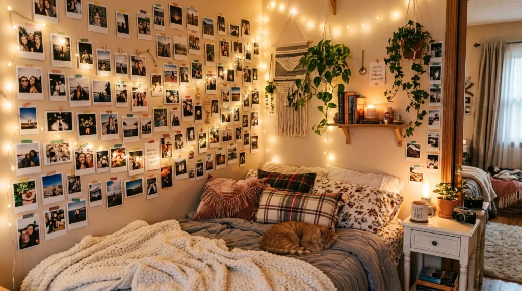 DIY aesthetic photo wall with fairy lights and cozy bedroom decor