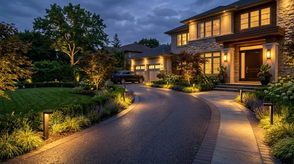 Modern driveway landscaping with warm outdoor lighting and greenery