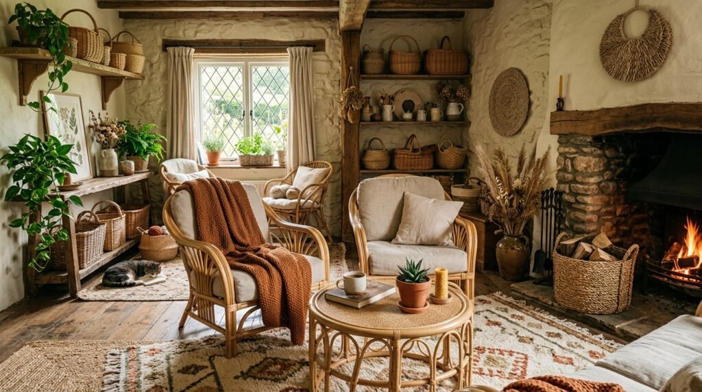 Earthy cottage fireplace with candles, wooden mantel, and rustic decor