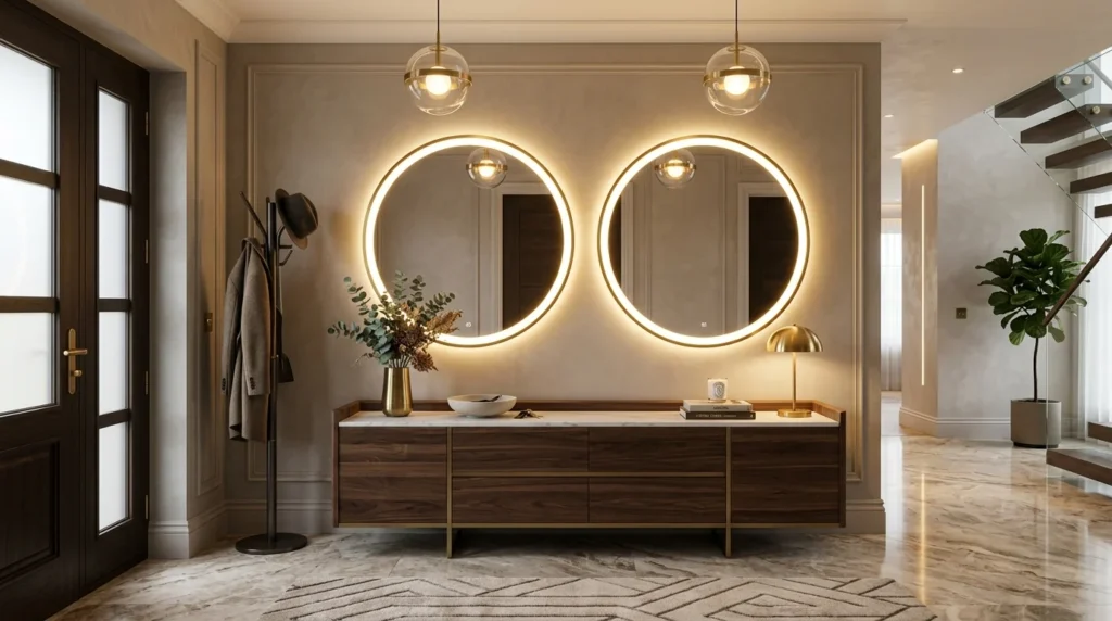 Double circular LED mirrors in luxury modern entryway decor