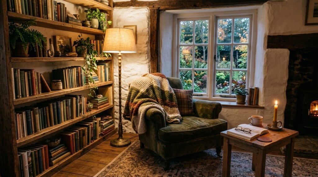 Cozy earthy cottage reading nook with armchair and warm lighting
