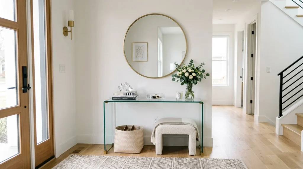 Modern small entryway with glass console table and airy decor