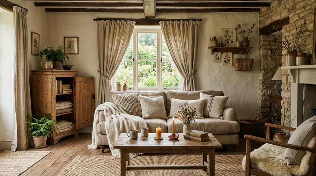 Earthy cottage decor with linen curtains, neutral fabrics, and wooden textures