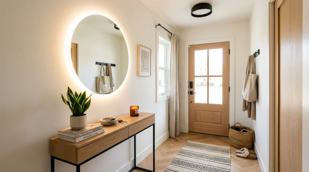 Small entryway with circular LED mirror and compact modern decor