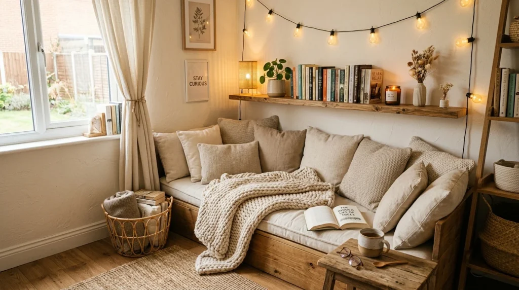 Cozy reading nook with cushions, books, and warm lighting
