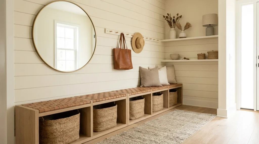 Indoor plant corner with woven baskets and cozy natural decor