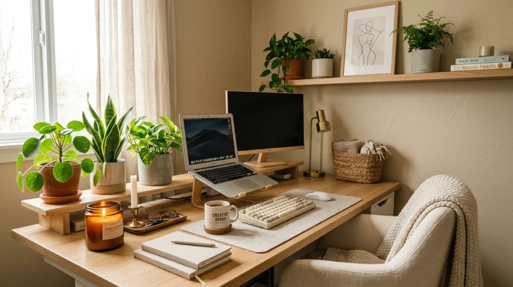 Neutral desk setup with cozy decor, plants, and aesthetic workspace styling