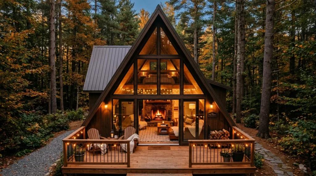 Modern A-frame cabin with large windows and cozy warm lighting