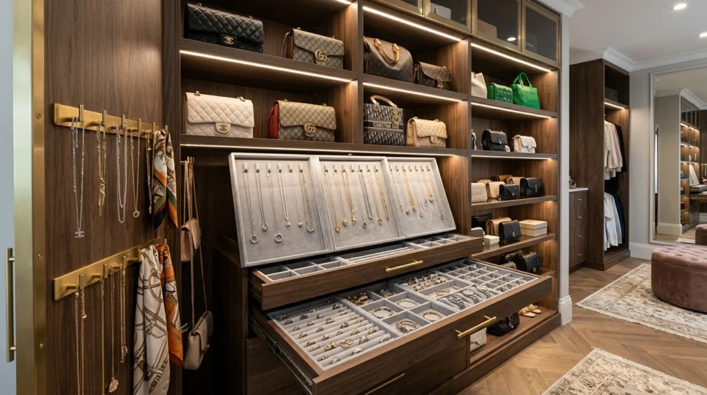 Accessory closet organization with handbags, jewelry trays, and storage hooks