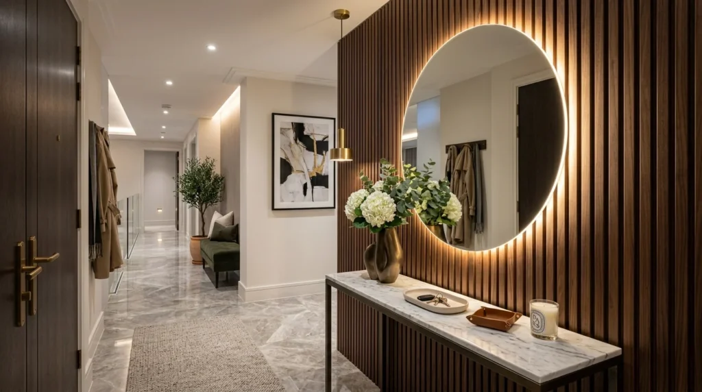 Luxury apartment entryway with LED mirror and modern wood slat wall