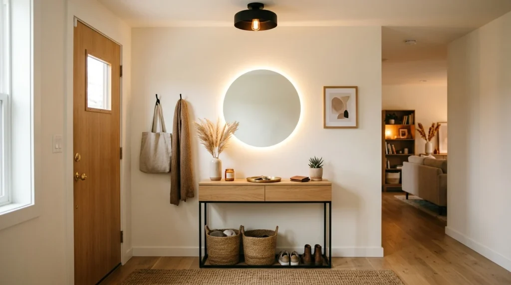 Small apartment entryway with circular LED mirror and slim console table