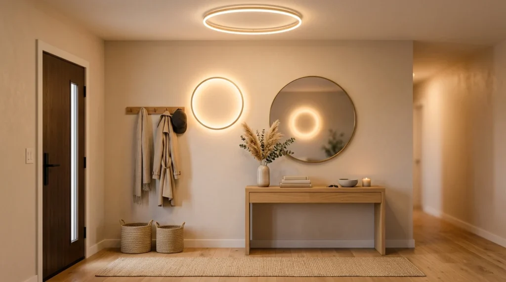 Soft beige entryway with circular LED lighting and neutral modern decor