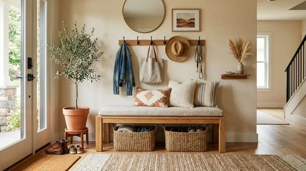 Cozy entryway bench with cushions, baskets, and warm modern decor